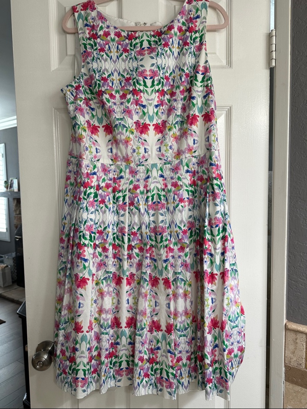 Talbots White Floral Sleeveless Dress with Pink & Green Print